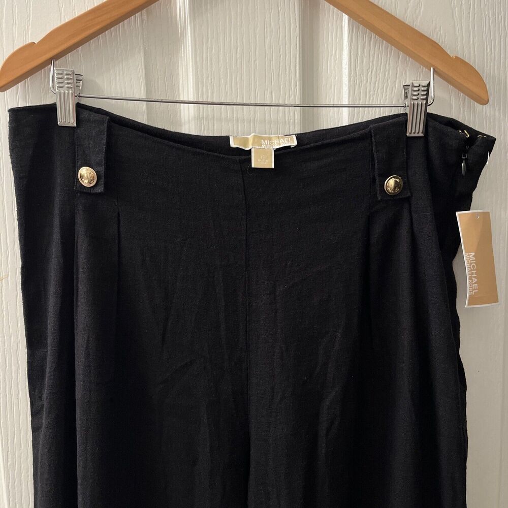 Michael‎ Michael Kors Linen Blend Pants 10 Wide Leg Trouser Black Gold Buttons